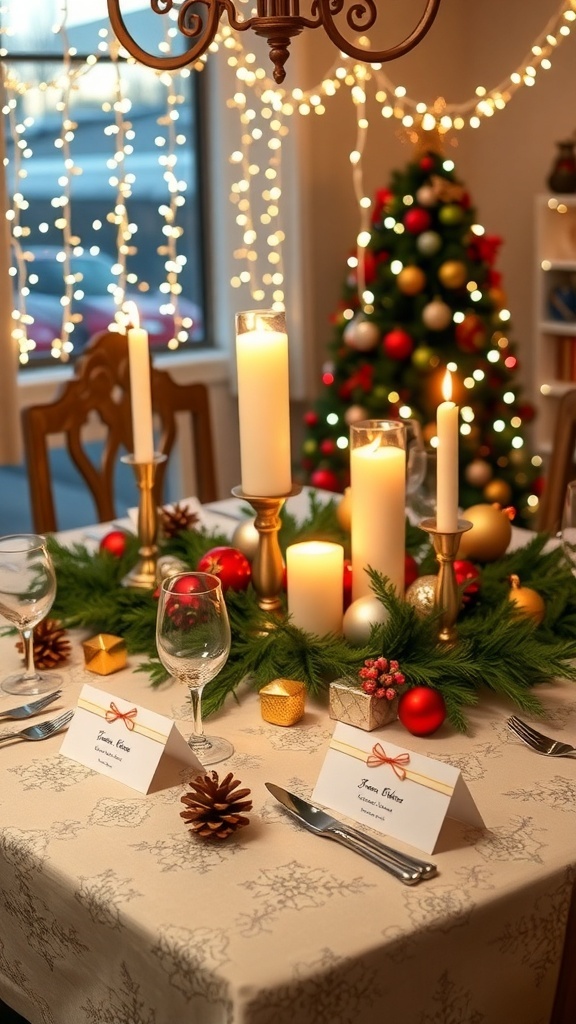 A festive Christmas table setting with candles, pinecones, ornaments, and string lights.